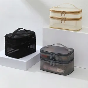 Double-layer mesh toiletry bag with zipper and handle in black, grey and beige