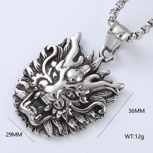 Detailed macro view of silver dragon head pendant showing 36mm height and 29mm width