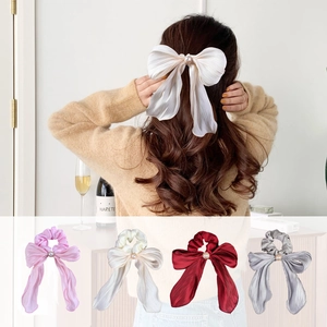 Elegant satin bow scrunchie with pearl details in pink white red and gray colors