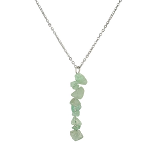 Close-up of natural green agate stone pendant with a polished silver-tone metal chain
