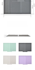 Size guide for rubber drying mats in three dimensions and four neutral colors