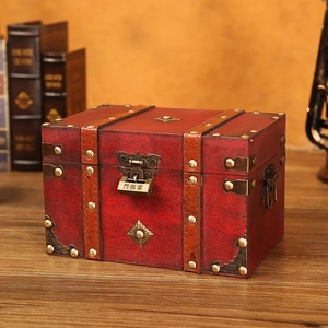 Vintage reddish-brown wooden storage chest with a metal lock and retro style
