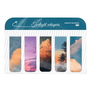 Detailed view of Twilight Whispers magnetic bookmarks set with 5 dusk landscape designs