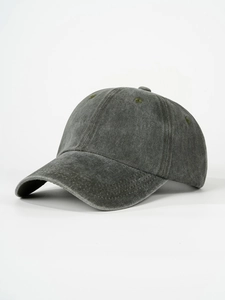 Macro detail of dark grey washed cotton baseball cap with textured stitching and six panels