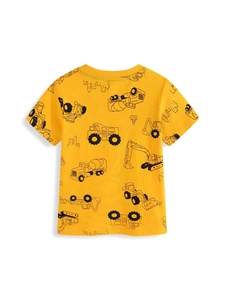Yellow short sleeve t-shirt for boys with black construction vehicle line art patterns