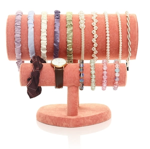 Pink velvet double-tier headband holder and jewelry display stand with heart-shaped base