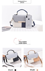 Detailed comparison of two-tone PU leather handbags showing size relative to a smartphone
