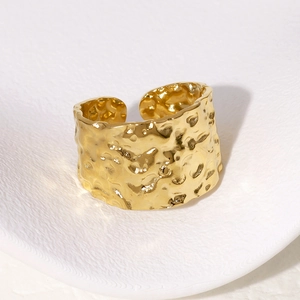 18K gold plated stainless steel irregular hammered wide open ring for women