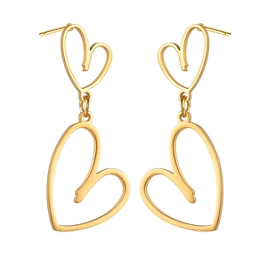 Elegant gold double heart dangle earrings in a minimalist stainless steel hollow design