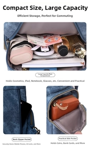 Macro view of blue vintage denim backpack showing large main compartment and anti-theft back pocket
