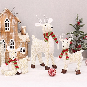 Christmas Reindeer Ornament Snowflake Fabric Moose Figurine With Knitted Scarf For Holiday Desktop Home Decor Festive