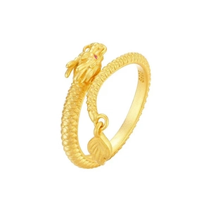 Exquisite S925 gold-plated dragon ring with red accents and leaf pendant on white background