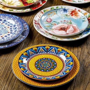 9-inch American ceramic round steak plates with floral and geometric underglaze patterns