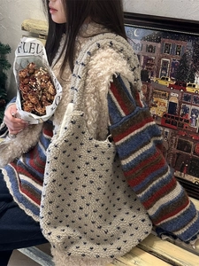 Winter faux shearling tote bag in cream with blue star patterns for women