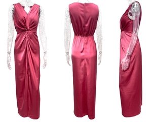 Three-way view of magenta satin gown with deep V-neck and twist knot waist detail
