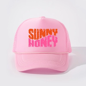 Pink trucker hat with Sunny Honey print and breathable mesh back for vintage style