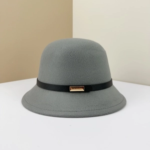 Elegant grey wool bucket hat with a black leather band and golden metal buckle