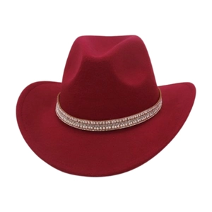 Classic red felt cowboy hat with sparkling rhinestones and white pearl band detail