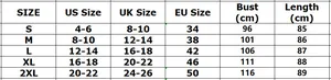 Detaillierte Größentabelle für das Kleid mit Fledermausärmeln und US, UK sowie EU Maßen