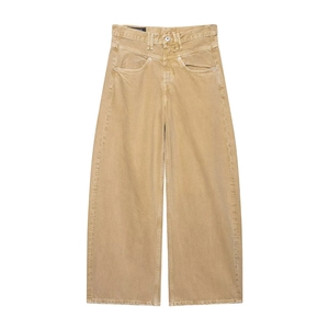 Damen Jeans Mit Niedriger Taille Weites Bein Khaki Gewaschene Baumwolle Gerade Lässig Retro Hose