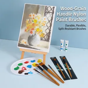 Art painting set featuring wood grain nylon brushes, palette, and mini wooden easel