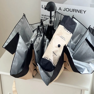Detail showing the silver UV protection coating and tricolor design of the folding umbrella