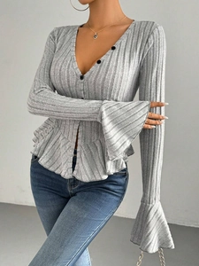Elegant grey V-neck knit cardigan with ruffled cuffs and hem for a slim fit look