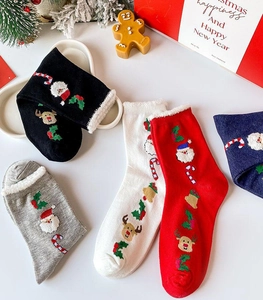 Close-up of festive Christmas socks with plush fleece lining and reindeer patterns