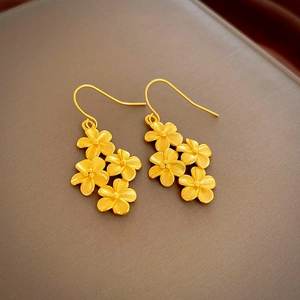 Floral Dangle Earrings Matte Gold Plated Copper Jewelry With Silver Earring Post Elegant Flower Hooks For Women