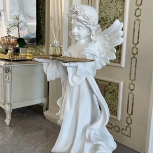 European angel statue sculpture with golden tray for home entrance and key storage