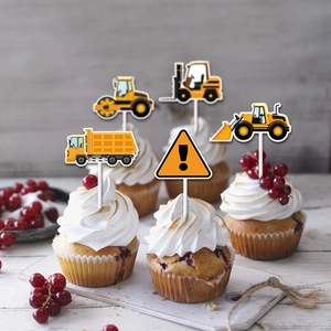 Construction vehicle cupcake toppers set with truck and bulldozer for kids birthday party