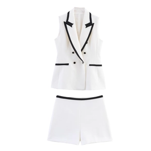 Women Sleeveless Suit Vest And Shorts Contrast Trim Double Breasted Office Commute Elegant Waistcoat Top Bottoms