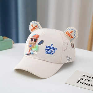 Detailed close-up of beige toddler baseball cap featuring cute robot embroidery and 3D ears