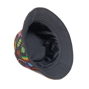 Close-up of cute colorful candy print and black inner lining of the bucket hat