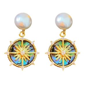 Gold plated pearl earrings with star compass mother of pearl pendant for women