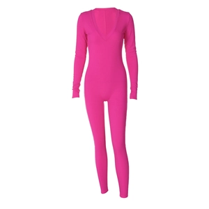 Slim fit rose red long sleeve jumpsuit with deep V-neck and elastic knit fabric