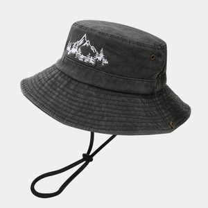 Dark gray washed cotton outdoor sun hat with mountain embroidery and windproof rope