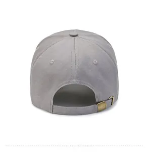 Detailed back view of grey cotton baseball cap featuring adjustable bronze metal buckle