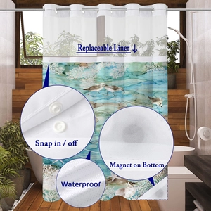 Detail showing snap-off waterproof liner and magnetic bottom of marine dolphin curtain