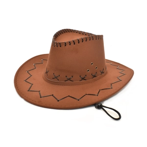 Detail of brown faux suede cowboy hat with black decorative stitching and chin strap