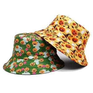 Halloween Bucket Hat Reversible Polyester Pumpkin Ghost Spider Web Print Sun Protection Party Accessory Novelty