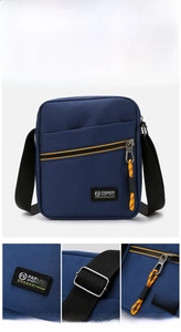 Detail view of blue nylon shoulder bag with adjustable strap and sport style zipper pulls
