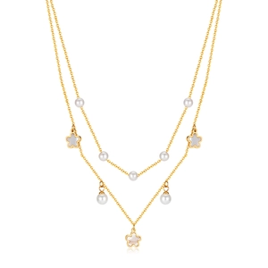 Elegant gold double-layered necklace with white pearls and five-petal flower pendants