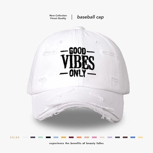 Baseball Cap Cotton Distressed Ripped Good Vibes Only Embroidery Sun Protection Streetwear Vintage Unisex Hat