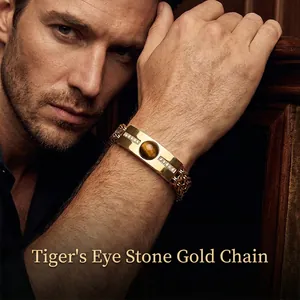 Bracelet hip hop en titane doré pour homme avec pierre œil de tigre et diamants
