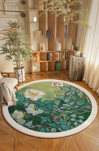 Detail of a round vintage oil painting carpet with green floral patterns for living rooms