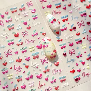 3D Embossed Nail Art Stickers Rhinestone Crystal Cherry Heart Bow Letters Sweet Self Adhesive DIY Decoration