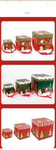 Three-size set of festive Christmas gift boxes with red silk handles and diverse holiday prints