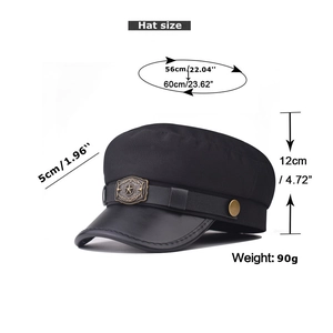 Detailed size guide for black flat top military cap with star badge and leather brim