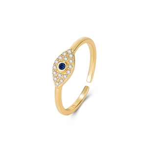 S925 sterling silver golden evil eye ring with blue and white cubic zirconia